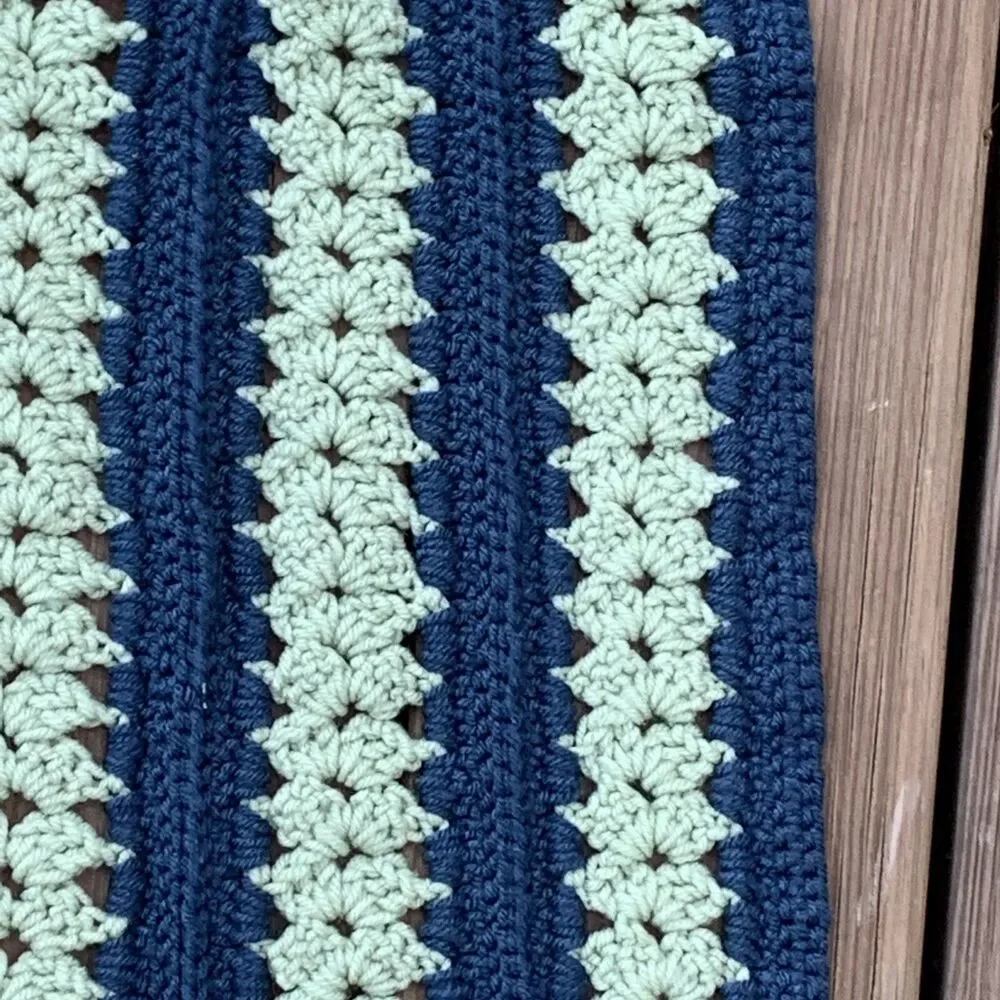 Vintage Crocheted Afghan Blanket Navy Blue Muted Green 65” x 46” Rounded Ends